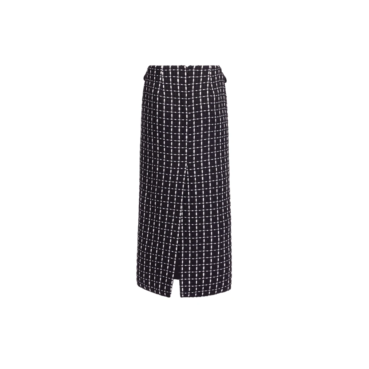 Elie Saab Tweed Midi Skirt in White featuring Black & White Tweed – Luxury Designer Fashion at Coveti.