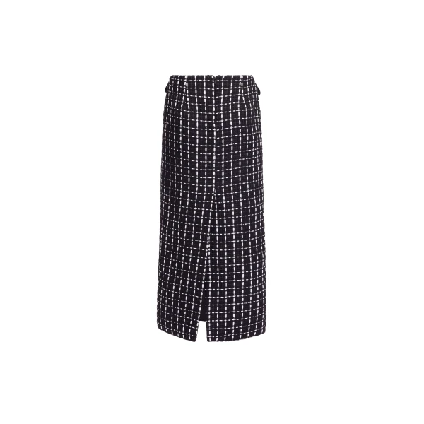 Elie Saab Tweed Midi Skirt in White featuring Black & White Tweed – Luxury Designer Fashion at Coveti.
