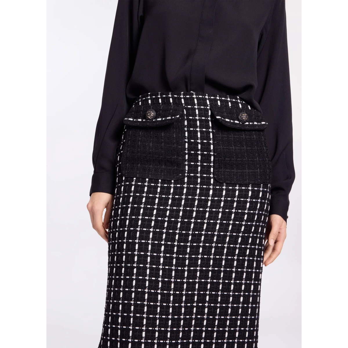Elie Saab Tweed Midi Skirt in White featuring Black & White Tweed – Luxury Designer Fashion at Coveti.