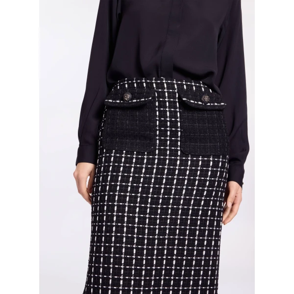 Elie Saab Tweed Midi Skirt in White featuring Black & White Tweed – Luxury Designer Fashion at Coveti.