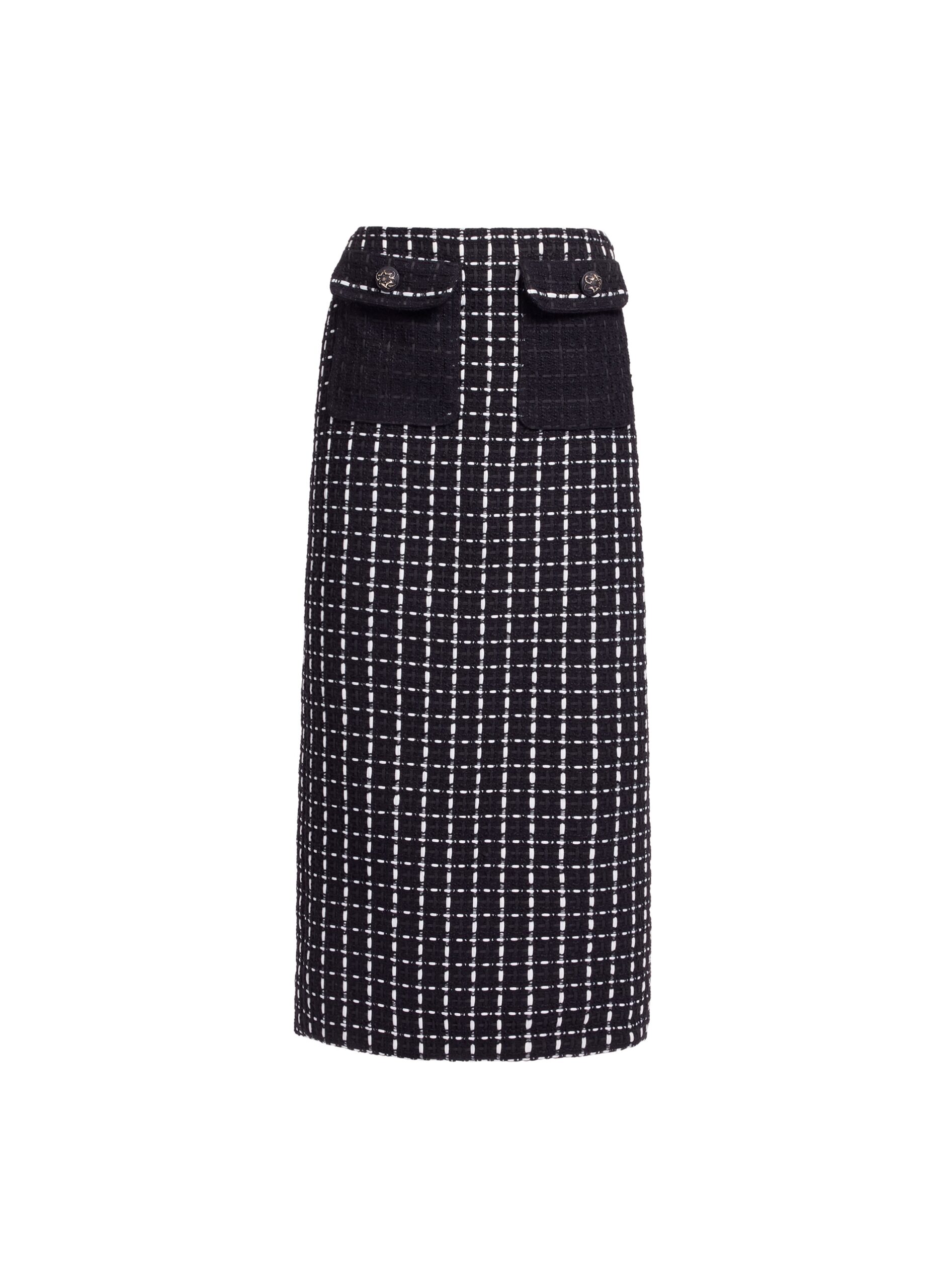 Elie Saab Tweed Midi Skirt in White featuring Black & White Tweed – Luxury Designer Fashion at Coveti.
