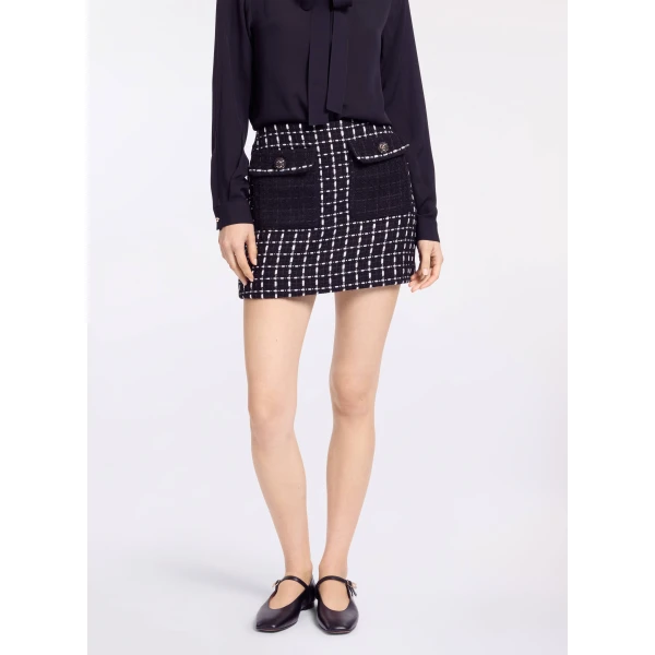 Elie Saab Tweed Short Skirt in White featuring Black & White Tweed – Luxury Designer Fashion at Coveti.