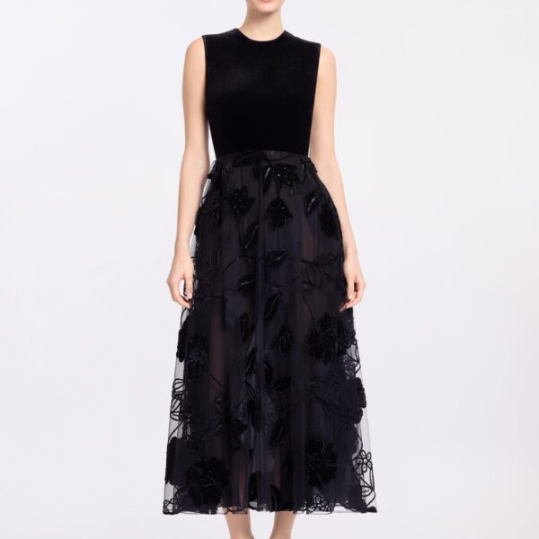 Elie Saab Velvet Embroidered Midi Dress in Black featuring Round Neck – Luxury Designer Fashion at Coveti.