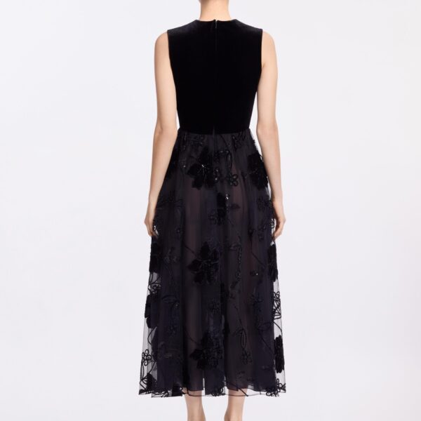 Elie Saab Velvet Embroidered Midi Dress in Black featuring Round Neck – Luxury Designer Fashion at Coveti.