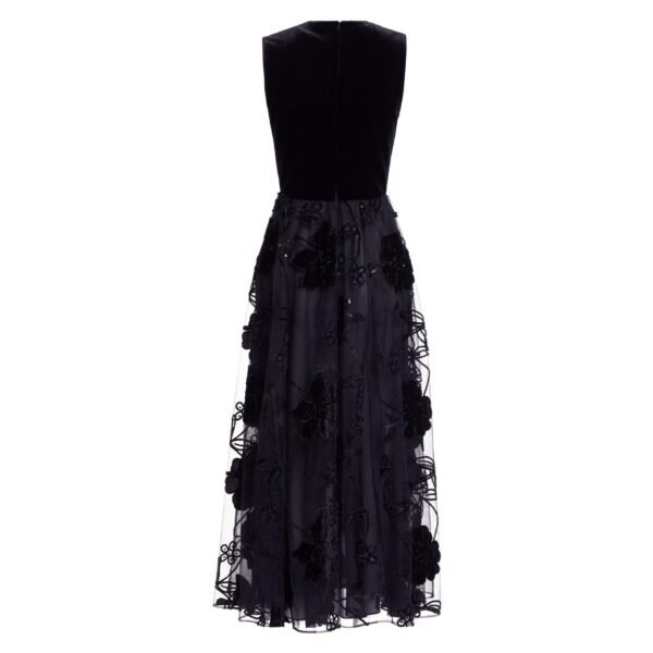Elie Saab Velvet Embroidered Midi Dress in Black featuring Round Neck – Luxury Designer Fashion at Coveti.