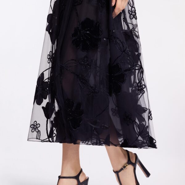 Elie Saab Velvet Embroidered Midi Dress in Black featuring Round Neck – Luxury Designer Fashion at Coveti.