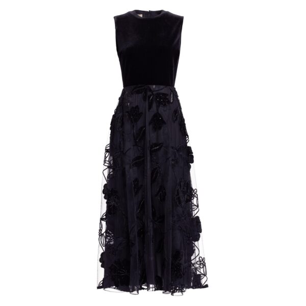 Elie Saab Velvet Embroidered Midi Dress in Black featuring Round Neck – Luxury Designer Fashion at Coveti.