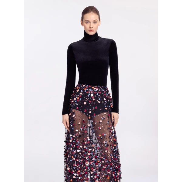 Elie Saab Velvet Top in Black featuring High Neck – Luxury Designer Fashion at Coveti.