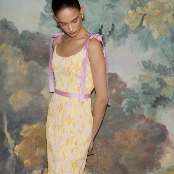 Markarian dress with romantic neckline and structured silhouette