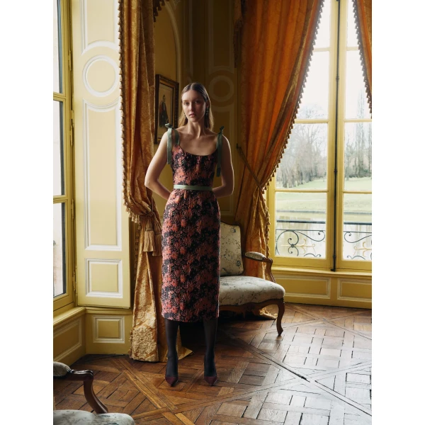 Markarian dress with romantic neckline and structured silhouette
