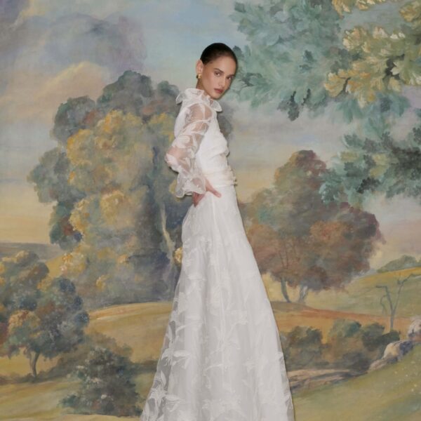 Markarian dress with romantic neckline and structured silhouette