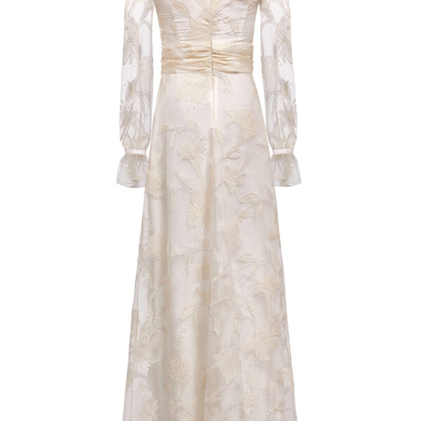 Markarian dresses with romantic neckline and structured silhouette