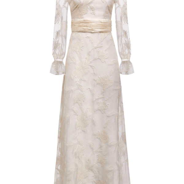 Markarian gown with romantic neckline and structured silhouette
