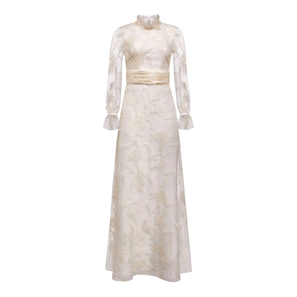 Markarian gown with romantic neckline and structured silhouette