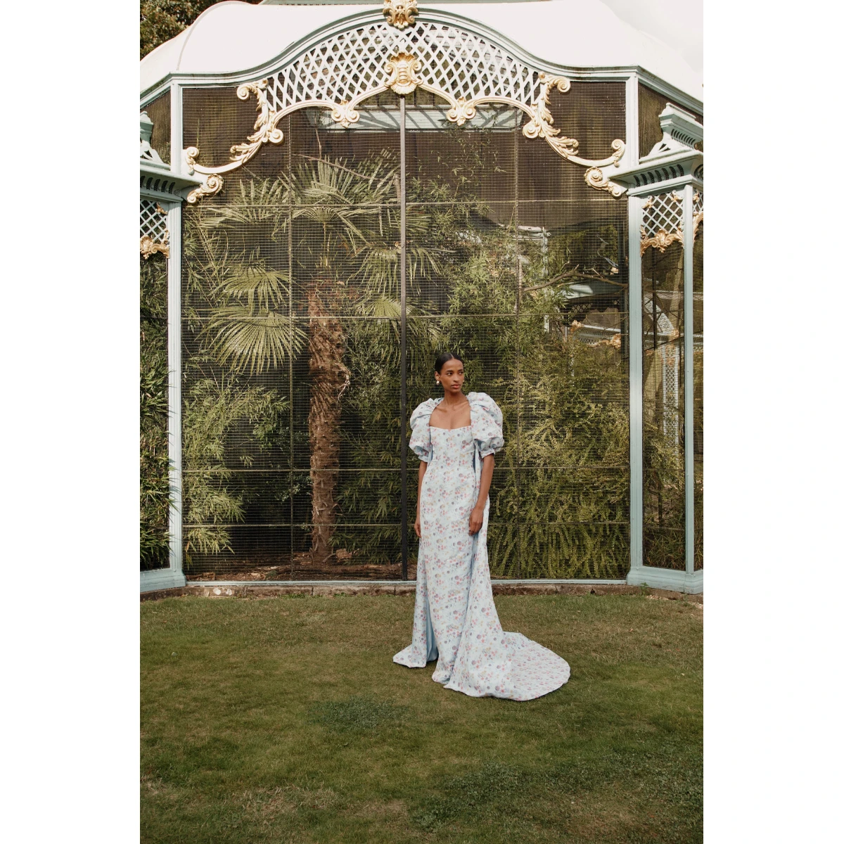 Markarian dress with romantic neckline and structured silhouette
