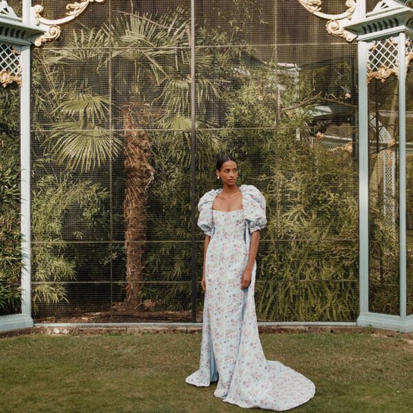 Markarian dress with romantic neckline and structured silhouette