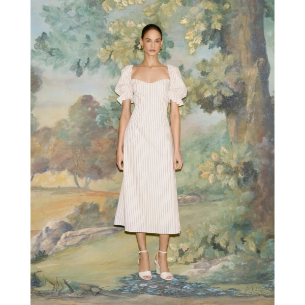 Markarian dress with romantic neckline and structured silhouette
