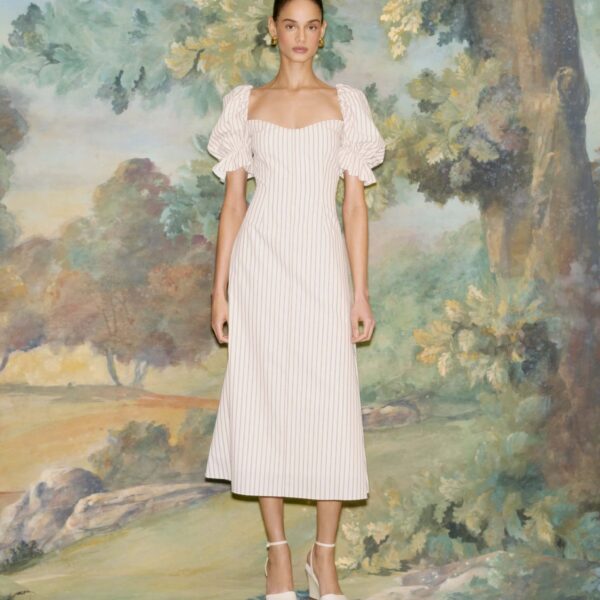 Markarian dress with romantic neckline and structured silhouette