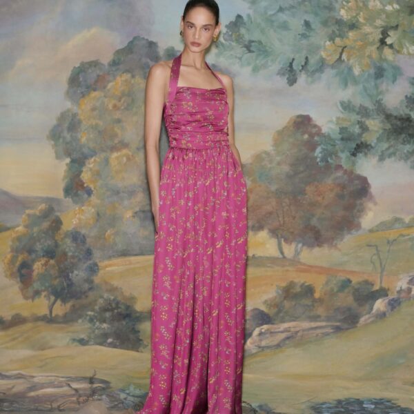 Markarian dress with romantic neckline and structured silhouette