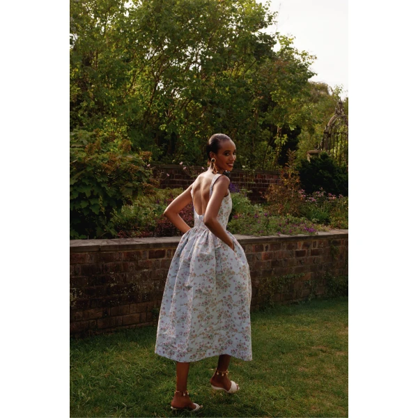 Markarian dress with romantic neckline and structured silhouette
