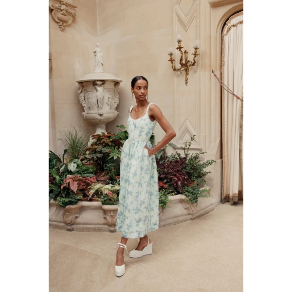 Markarian dress with romantic neckline and structured silhouette