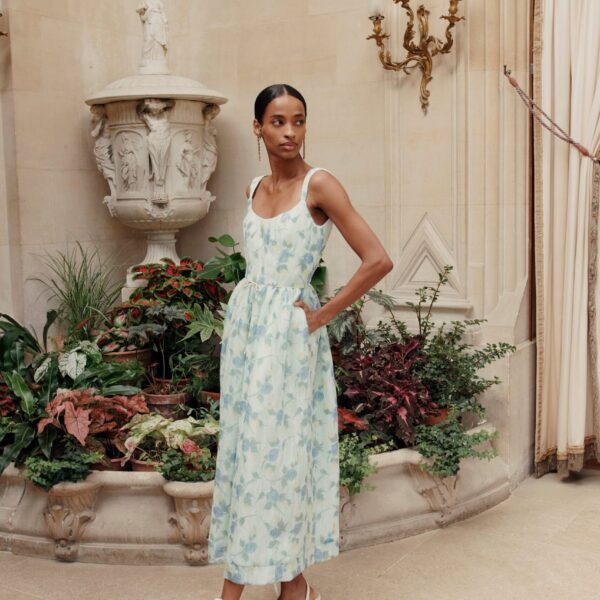 Markarian dress with romantic neckline and structured silhouette