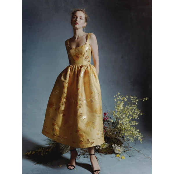 Markarian Apple Gold Floral Brocade Midi Dress, view 2