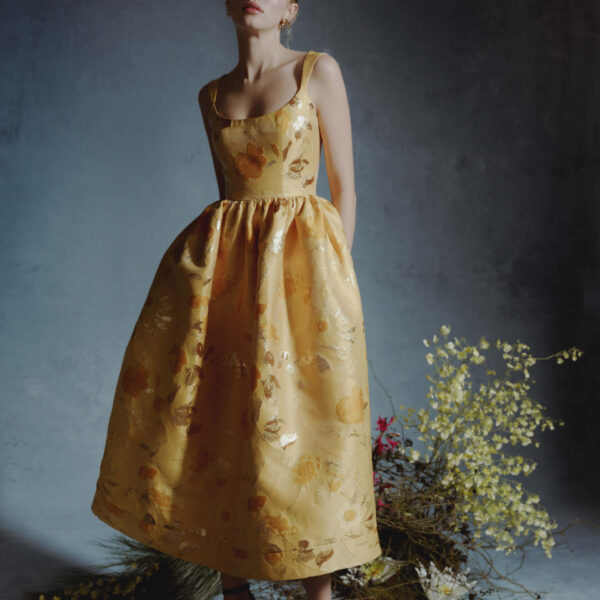 Markarian dress with romantic neckline and structured silhouette