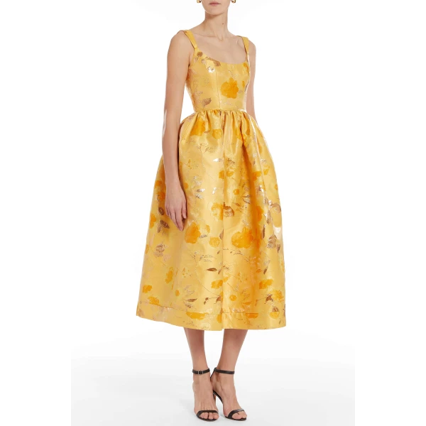 Markarian Apple Gold Floral Brocade Midi Dress, view 3