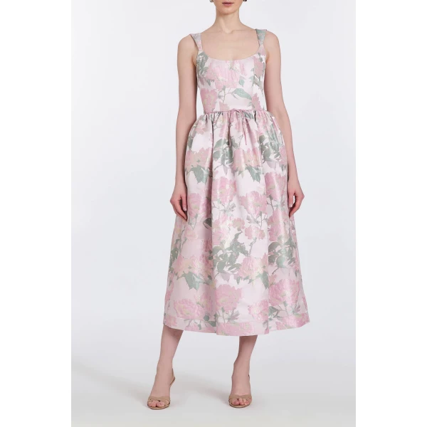 Markarian Apple Light Pink Brocade Corset Midi Dress, view 4