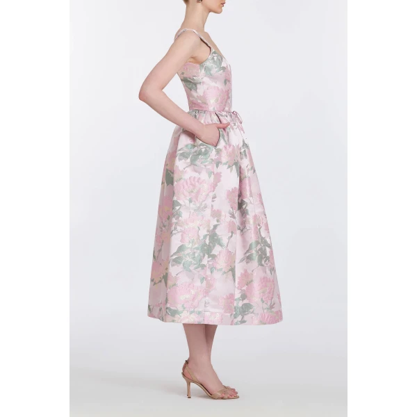 Markarian Apple Light Pink Brocade Corset Midi Dress, view 5