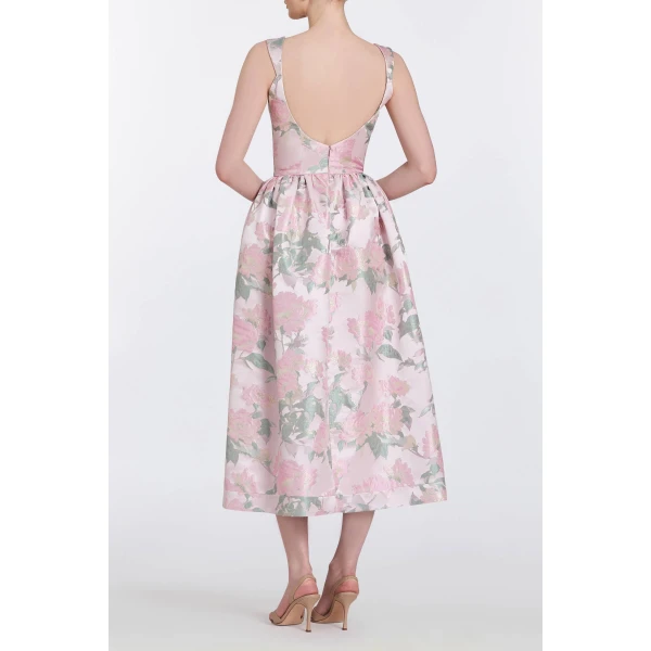 Markarian Apple Light Pink Brocade Corset Midi Dress, view 6