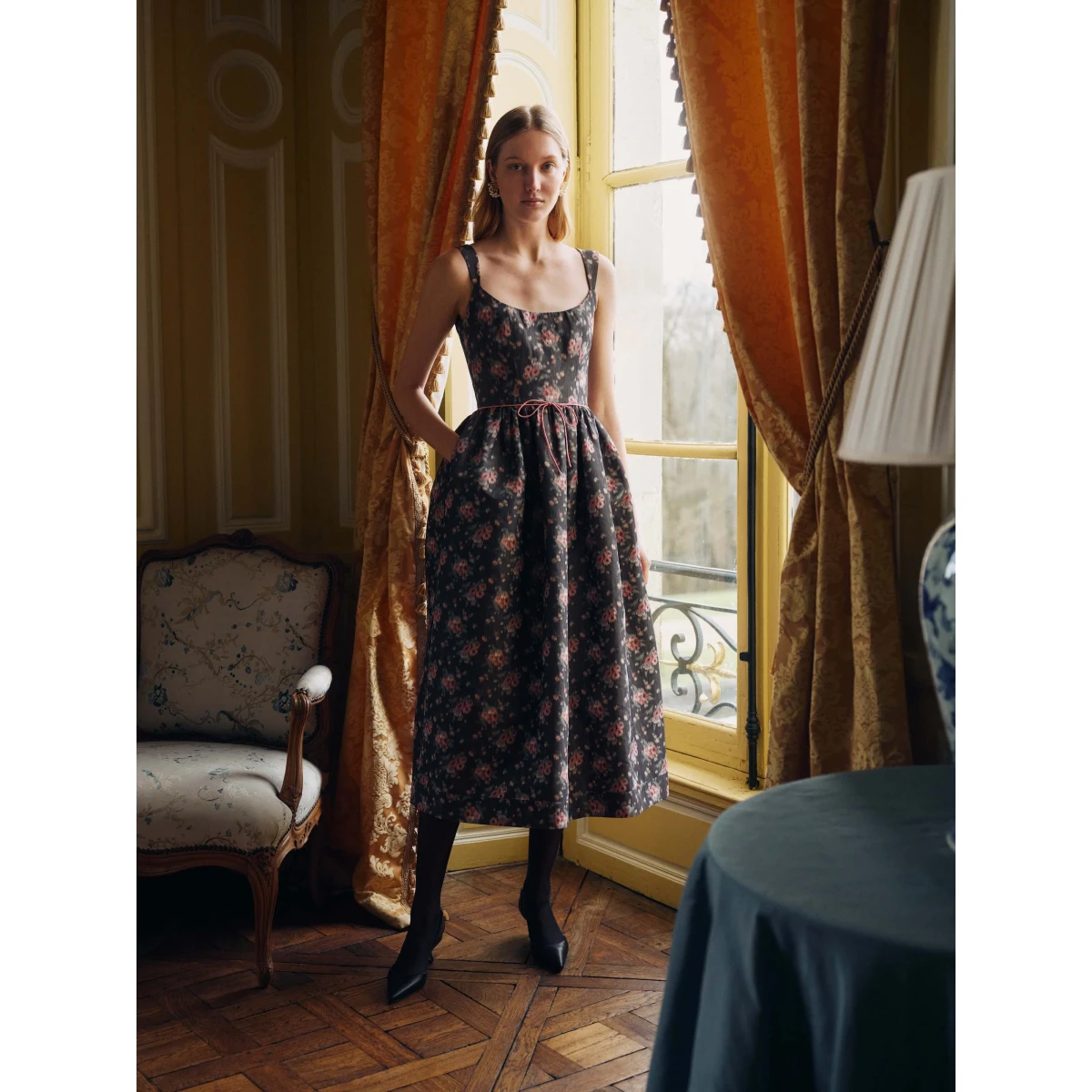 Markarian dress with romantic neckline and structured silhouette