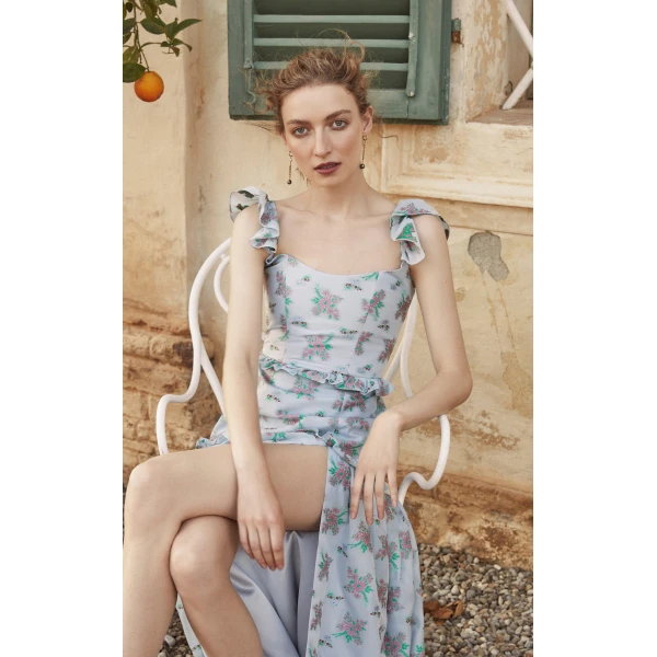 Markarian dress with romantic neckline and structured silhouette