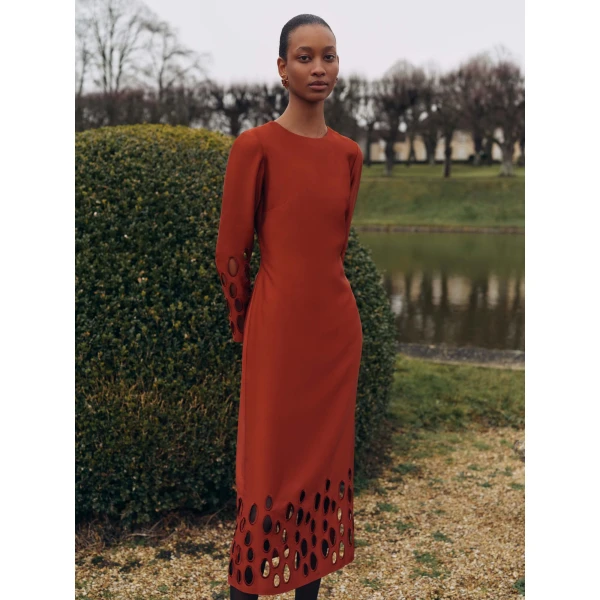 Markarian dress with romantic neckline and structured silhouette