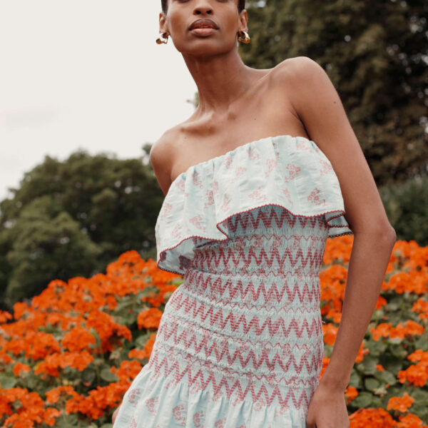 Markarian dress with romantic neckline and structured silhouette