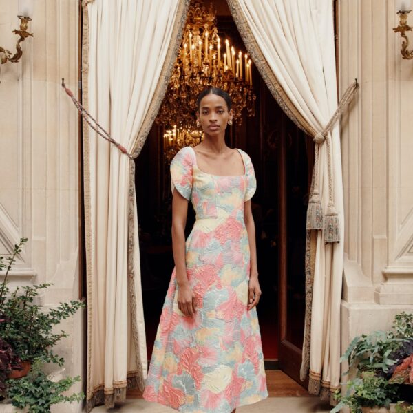Markarian dress with romantic neckline and structured silhouette