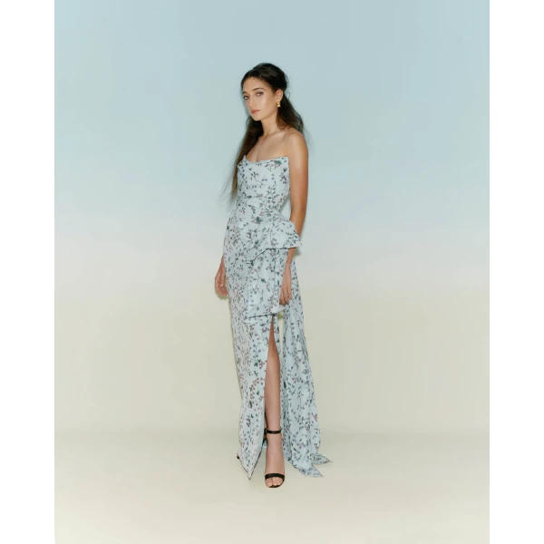 Markarian Athena Blue Ikat Strapless Gown, view 2