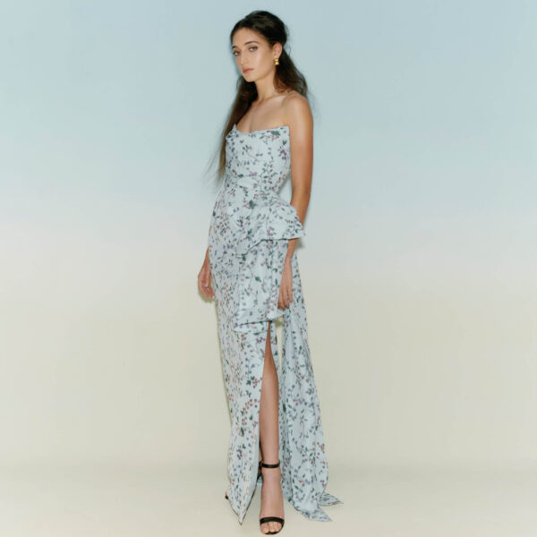 Markarian dress with romantic neckline and structured silhouette