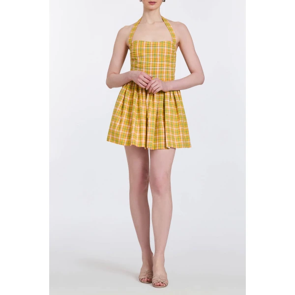 Markarian Briar Saffron Plaid Cotton Ruched Bodice Mini Dress, view 5