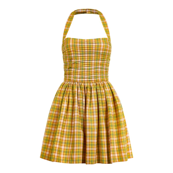Markarian Briar Saffron Plaid Cotton Ruched Bodice Mini Dress
