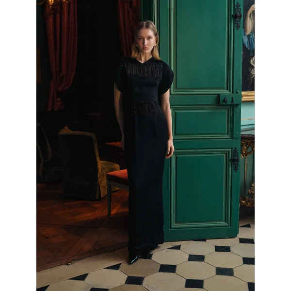 Markarian dress with romantic neckline and structured silhouette