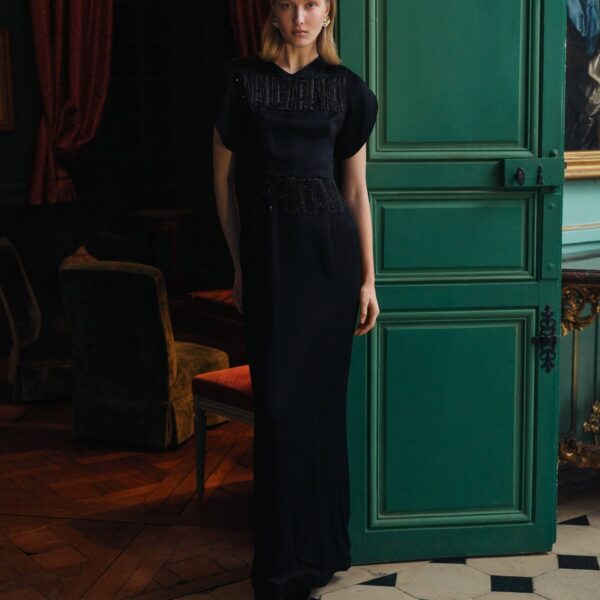 Markarian dress with romantic neckline and structured silhouette
