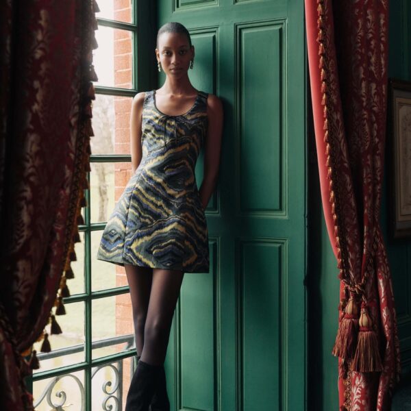 Markarian dress with romantic neckline and structured silhouette