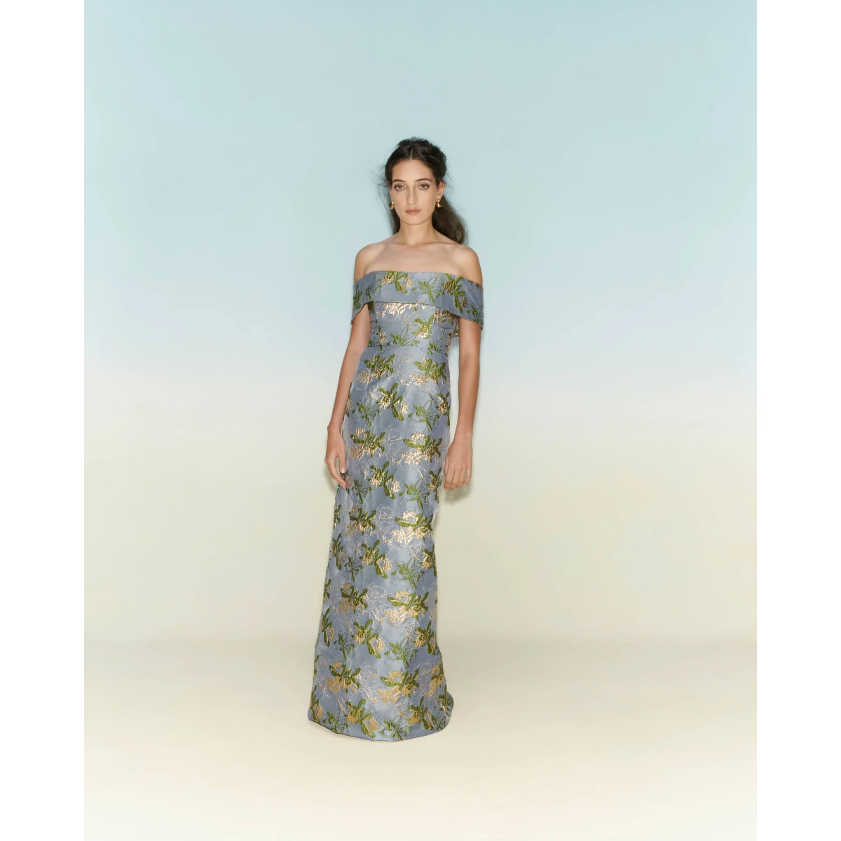 Markarian dress with romantic neckline and structured silhouette