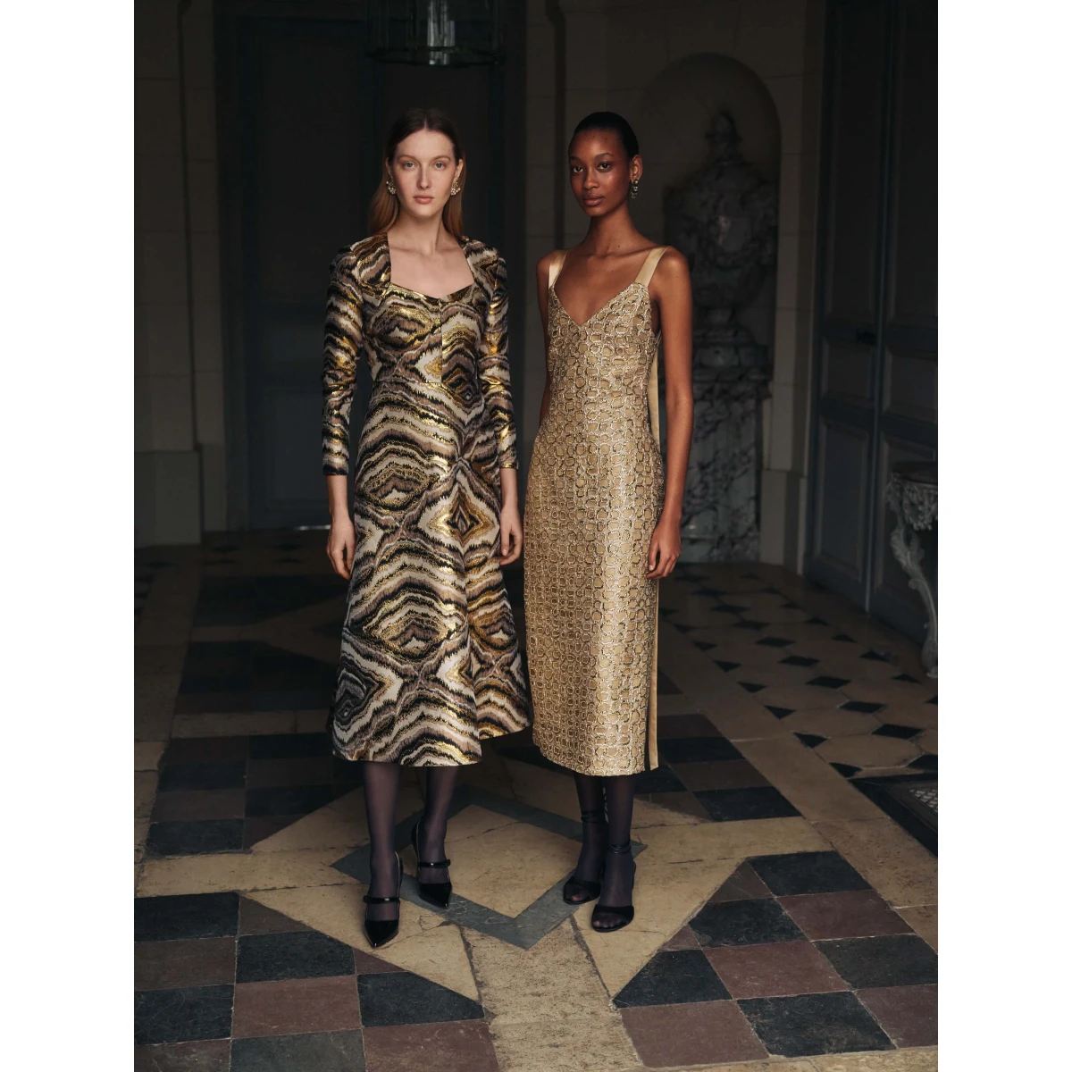 Markarian dress with romantic neckline and structured silhouette