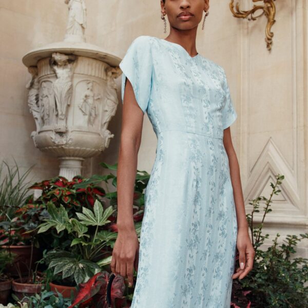 Markarian dress with romantic neckline and structured silhouette
