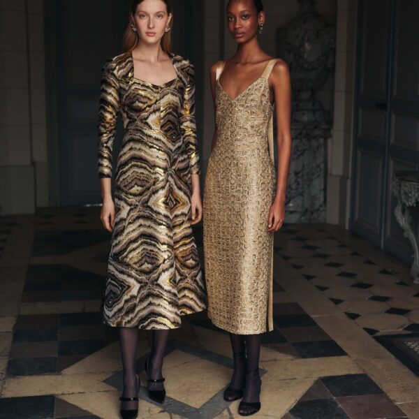 Markarian dresses with romantic neckline and structured silhouette