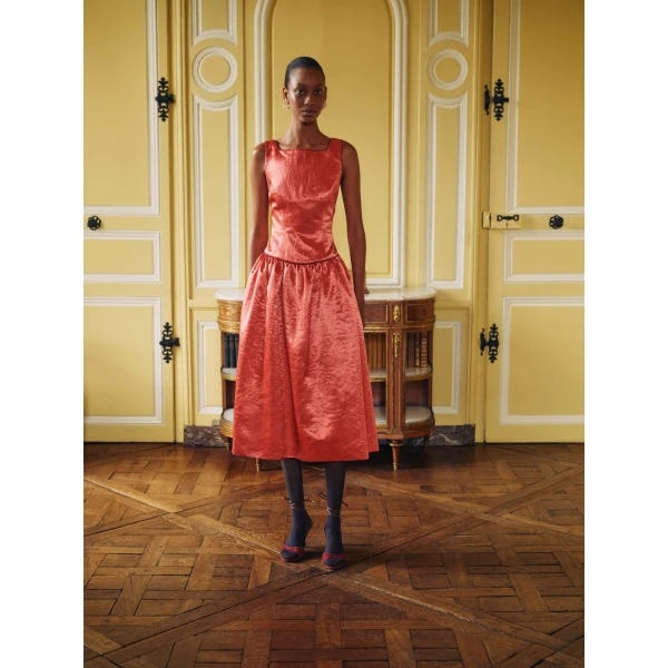 Markarian dress with romantic neckline and structured silhouette