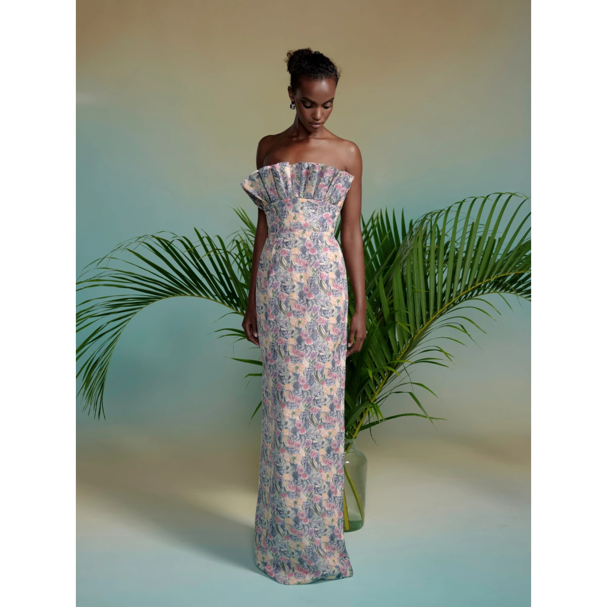 Markarian dress with romantic neckline and structured silhouette